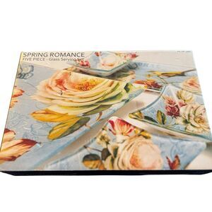NEW Spring Romance 5-Piece Glass Serving Set Blue Floral Platters Bowls